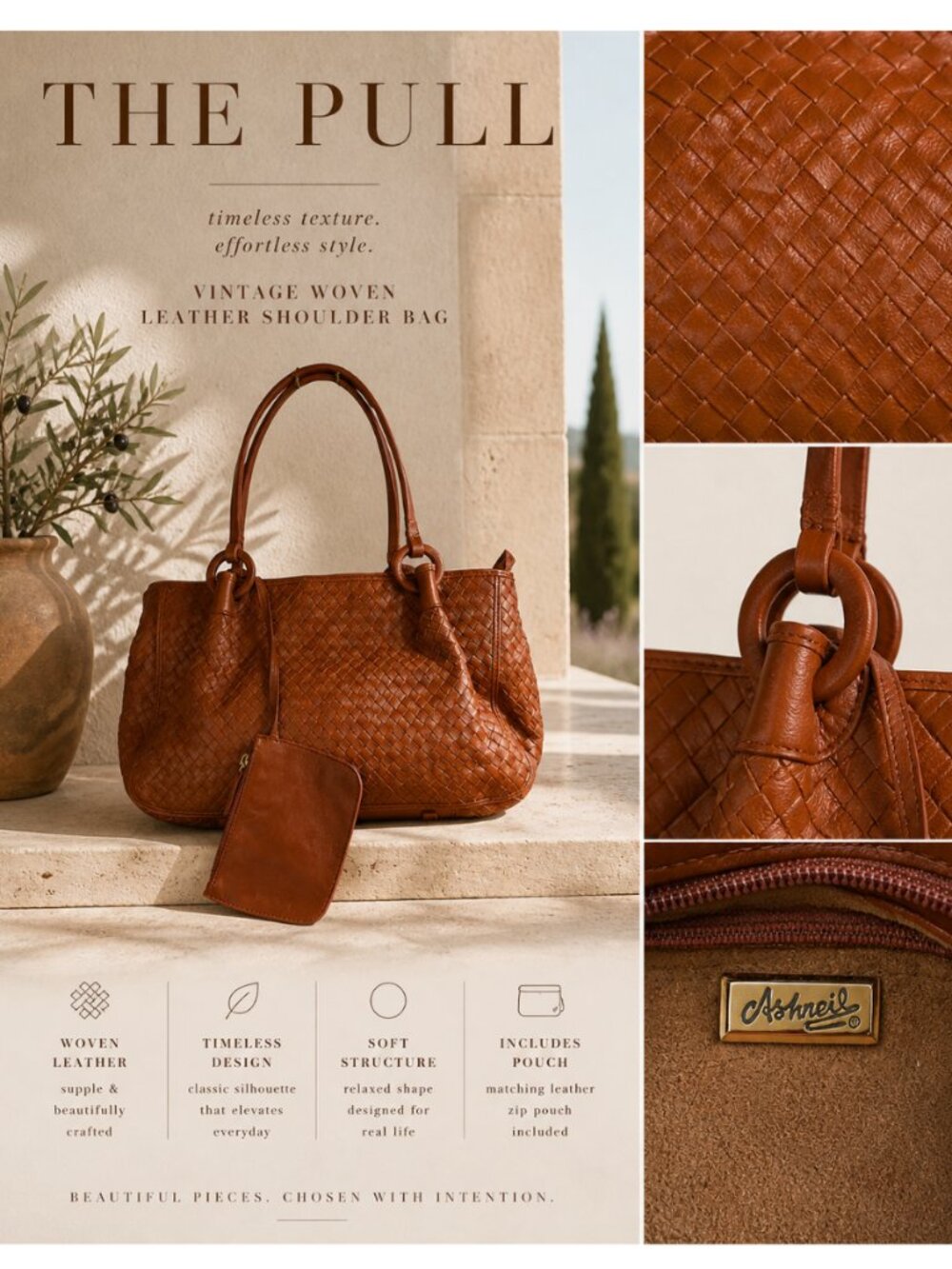 Vintage Ashneil Woven Leather Shoulder Bag Brown Intrecciato Style